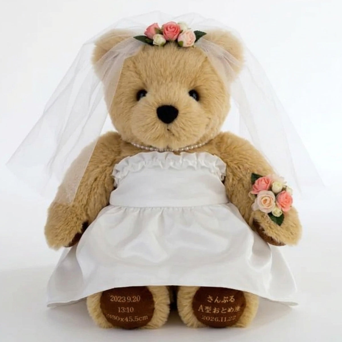 【ウェイトドール】Wedding Bear(白ドレス｜ヘッドドレス｜パールネックレス｜ベール・ブーケ)